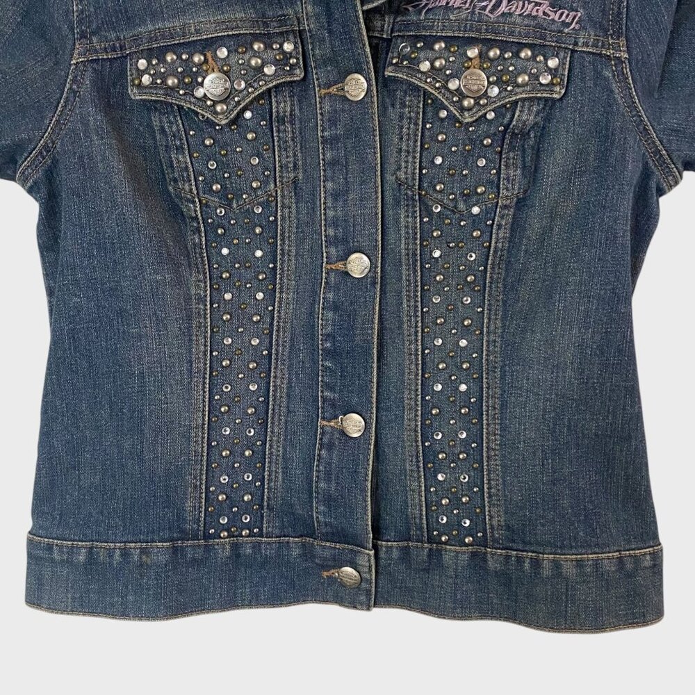 Y2K Harley-Davidson Embroidered Jean Jacket Women's Small Rhinestone Studded - Picture 6 of 14